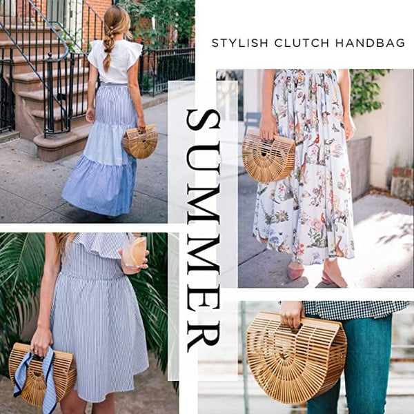 Dubkart Handbags Handmade Summer Bamboo Basket Straw Woven Tote Clutch Bag