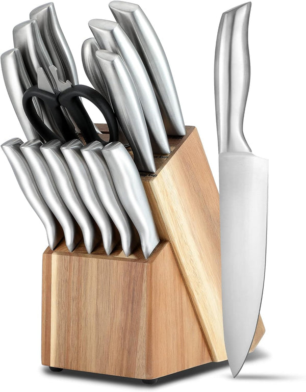  Knife Sets for Kitchen with Block, 15 Piece Kitchen Knife Set, Ultra Sharp Chef Knife Set for Kitchen, High Carbon Stainless Steel Knife Block Set with Sharpener, Silver