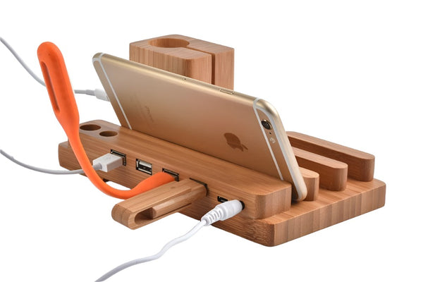 Dubkart Organizers 4 Port USB Bamboo Wood Dock Charger For Mobiles Tablets