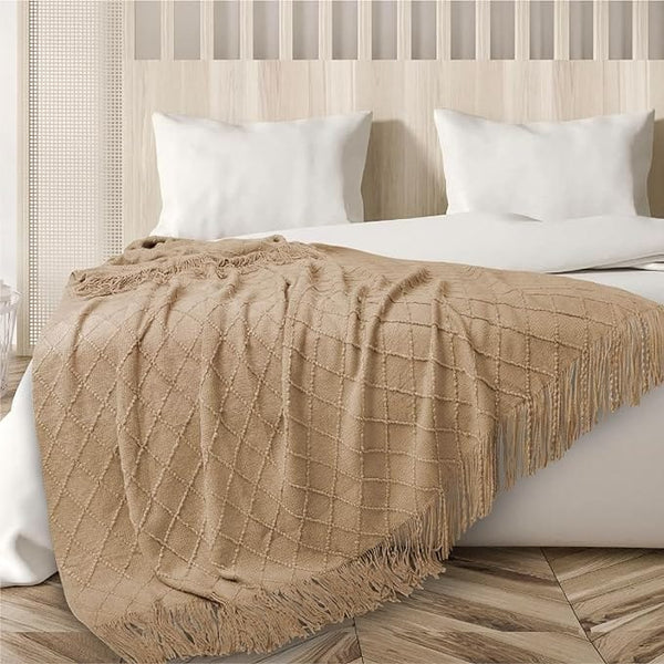 Dubkart Organizers DUBKART Tassel Design Soft Blanket Keep Warm Cotton Beige 127 x 172cm